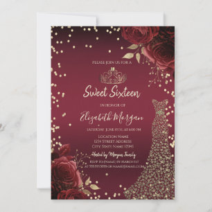 Invitación Vestido de diamantes dorados Rosas rojas oscuras D