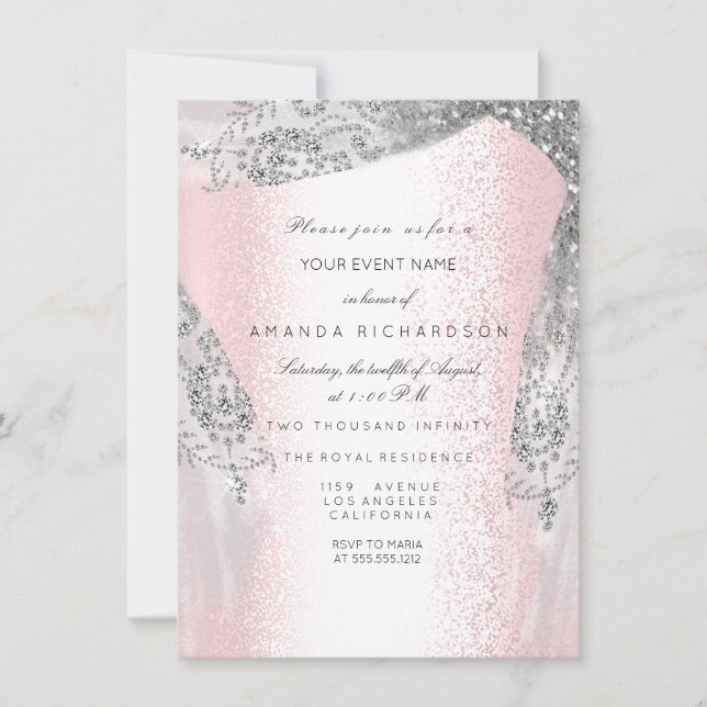 Invitación Vestido de diamantes plateado rosa dulce cumpleaño (Anverso)