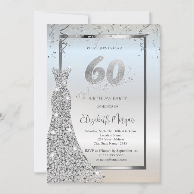 Invitación Vestido de Diamantes Plateados Brillantes Cumpleañ (Anverso)