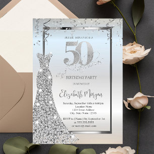 Invitación Vestido de Diamantes Plateados Brillantes Cumpleañ