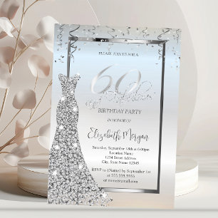 Invitación Vestido de Diamantes Plateados Chic Cumpleaños 60