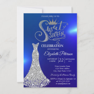 Invitación Vestido de Diamantes Plateados, Dulces 16 Diamante