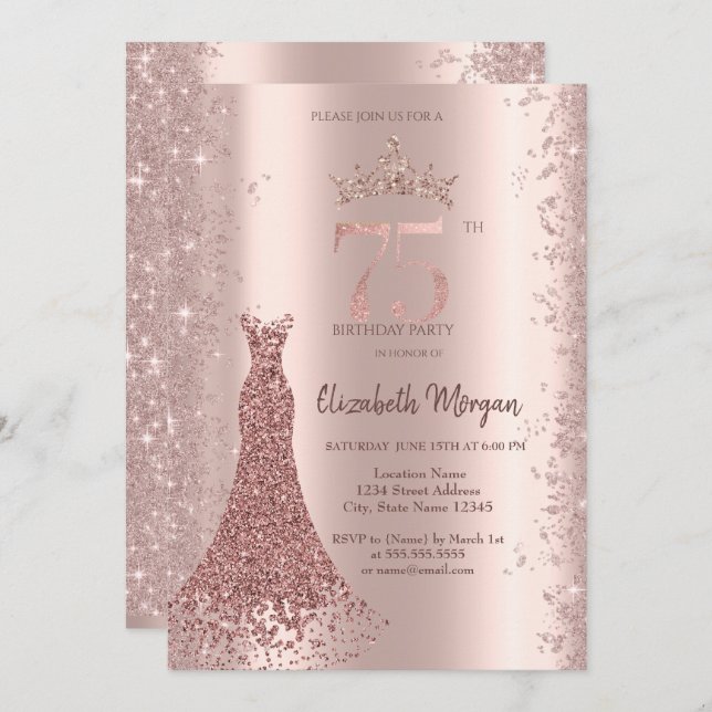 Invitación Vestido de Diamantes Rosa Dorado Polvo Brillante C (Anverso / Reverso)