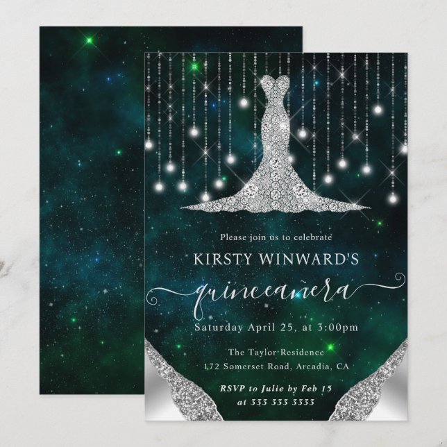 Invitación Vestido de diamantes y cadenas de bokeh Luces Quin (Anverso / Reverso)