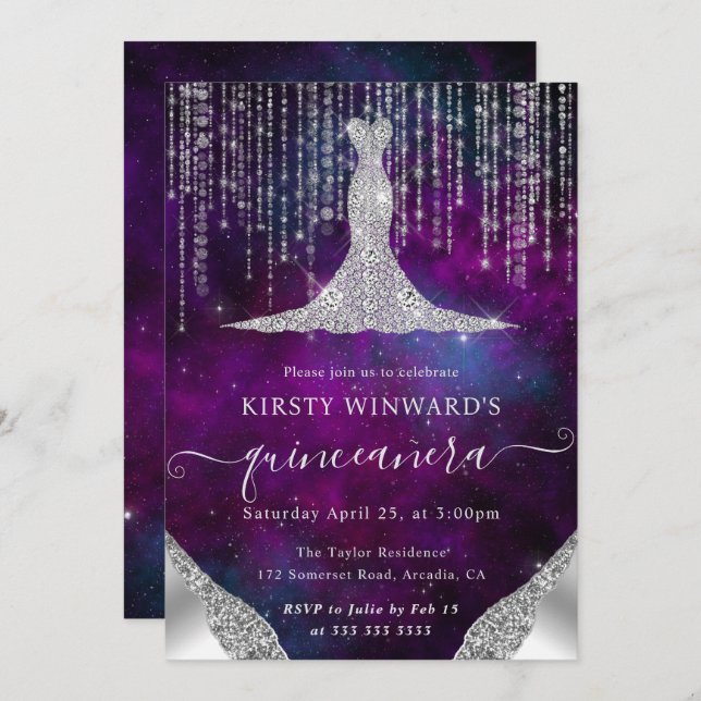 Invitación Vestido de diamantes y cadenas de bokeh Luces Quin (Anverso / Reverso)