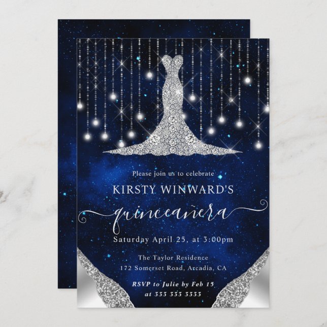 Invitación Vestido de diamantes y cadenas de bokeh Luces Quin (Anverso / Reverso)