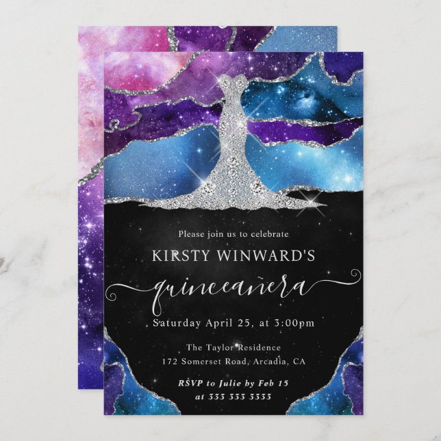 Invitación Vestido de diamantes y galaxia Agate Quinceanera (Anverso / Reverso)