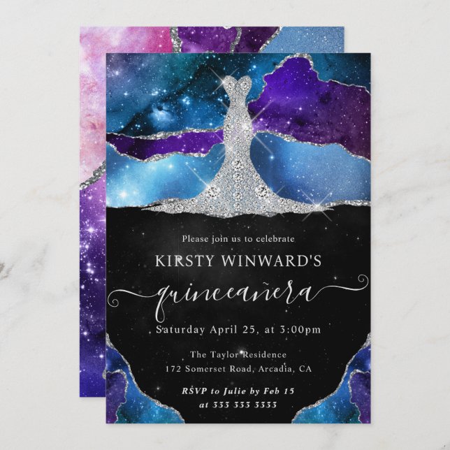 Invitación Vestido de diamantes y galaxia Agate Quinceanera (Anverso / Reverso)