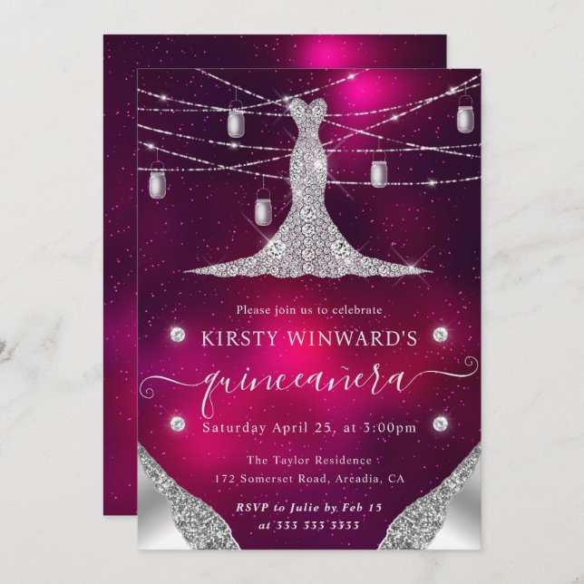 Invitación Vestido de diamantes y Jars de masón Glam Quincean (Anverso / Reverso)