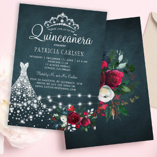 Invitación Vestido de diamantes y tiara floral elegante quinc