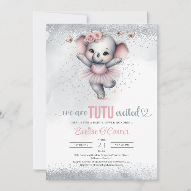 Invitación Vestido de elefante rosa y plateado. (Anverso)