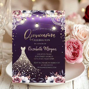 Invitación Vestido de encaje con diamantes Floral Quinceañera