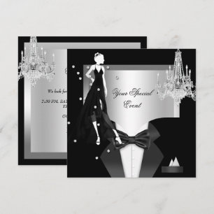 Invitación Vestido de Esmoquin Elegante Plata Blanco Negro Fi