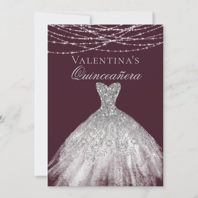 Invitación Vestido de espuma de diamante plateado Quinceanera (Anverso)
