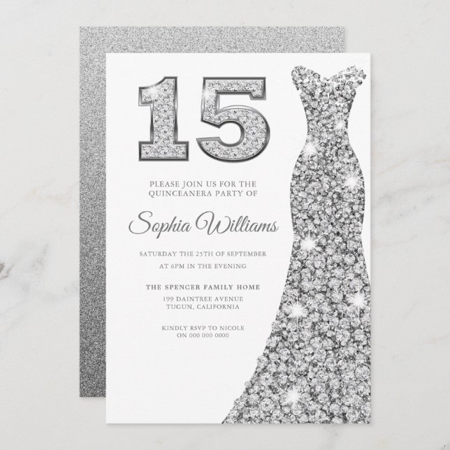 Invitación Vestido de espuma de diamante Quinceanera 15º cump (Anverso / Reverso)