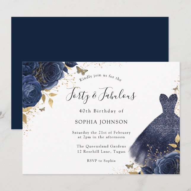 Invitación Vestido de espuma de la marina 40 cumpleaños cuare (Anverso / Reverso)