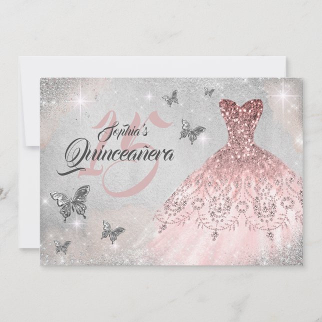 Invitación Vestido de espuma de mariposa de oro Rosa Quincean (Anverso)