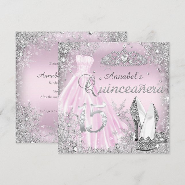 Invitación Vestido de espuma de plata rosa y quinceanera tiar (Anverso / Reverso)