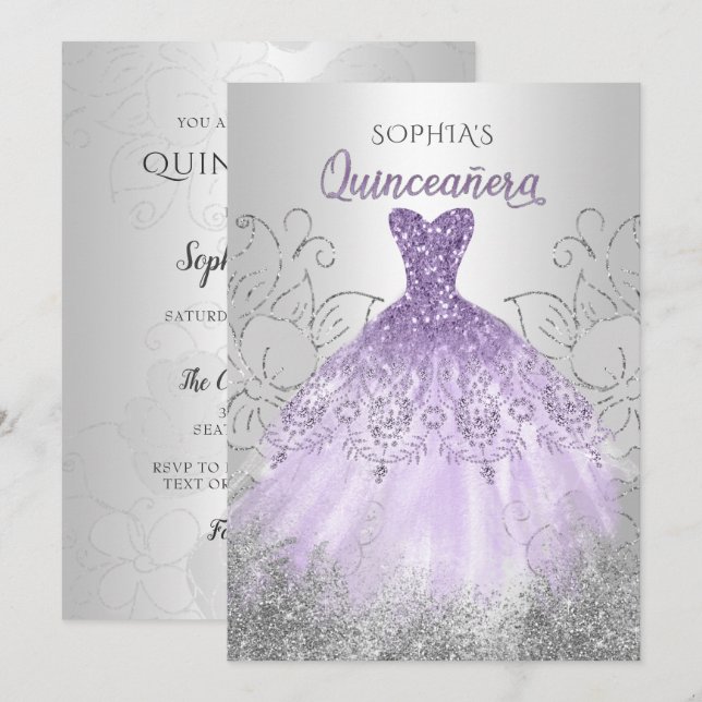 Invitación Vestido de espuma morada de plata Quinceañera Quin (Anverso / Reverso)