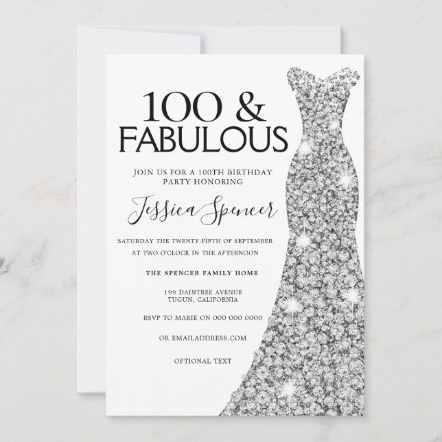 Invitación Vestido de espuma plateado 100 y fabuloso cumpleañ (Anverso)