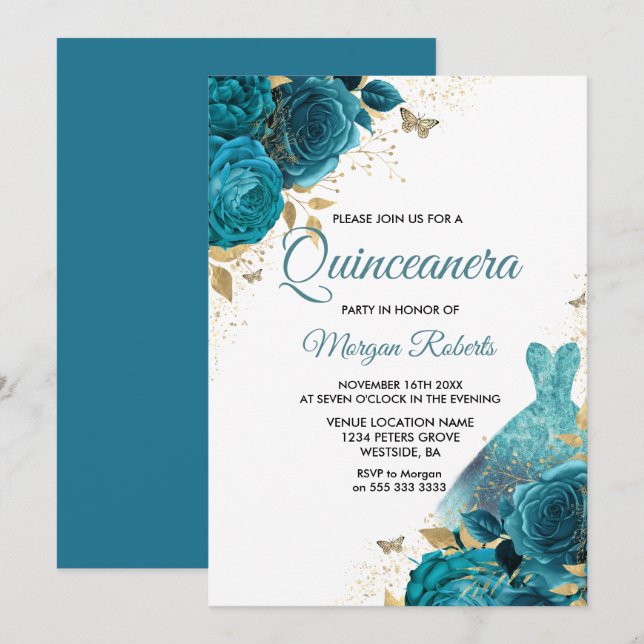 Invitación Vestido de espuma Verde azulada turquesa Quinceane (Anverso / Reverso)
