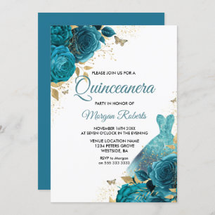 Invitación Vestido de espuma Verde azulada turquesa Quinceane