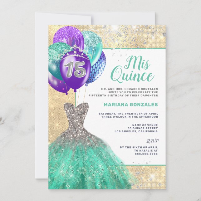 Invitación Vestido de espuma verde azulado Purpurina plateado (Anverso)