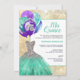 Invitación Vestido de espuma verde azulado Purpurina plateado