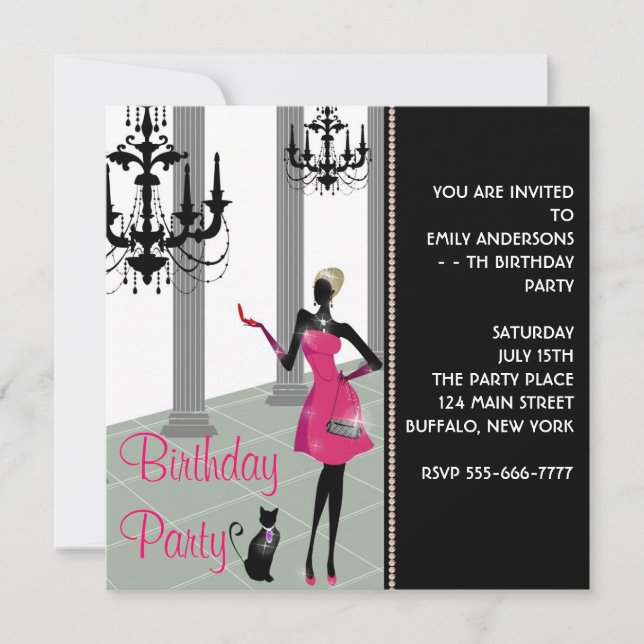 Invitación Vestido de fiesta con araña de luces Cumpleaños de (Anverso)