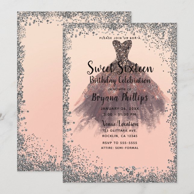 Invitación Vestido de fiesta con brillo de melocotón y plata  (Anverso / Reverso)