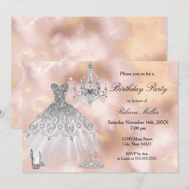 Invitación Vestido de fiesta de cumpleaños beige rosa mármol  (Anverso / Reverso)