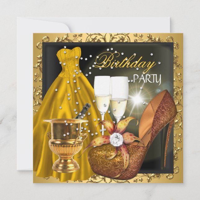 Invitación Vestido de fiesta de cumpleaños cebra dorado (Anverso)