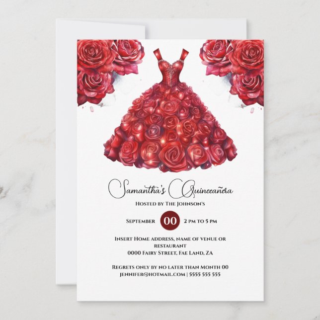 Invitación Vestido de fiesta de Quinceañera rojo elegante flo (Anverso)