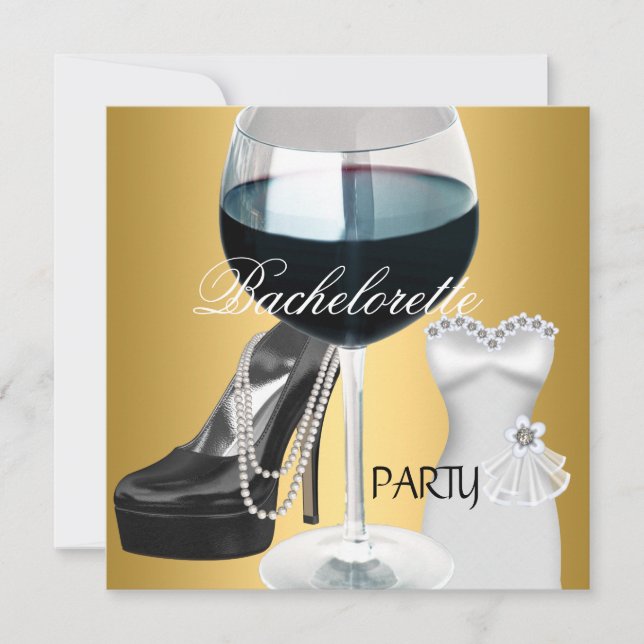 Invitación Vestido de fiesta de soltera vino oro negro blanco (Anverso)