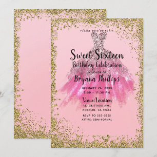 Invitación Vestido de fiesta dorado rosa bonito con purpurina