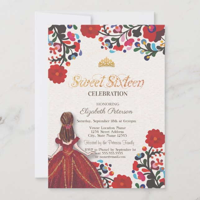 Invitación Vestido de Fiesta Mexicano Tiara Flores Dulces 16 (Anverso)