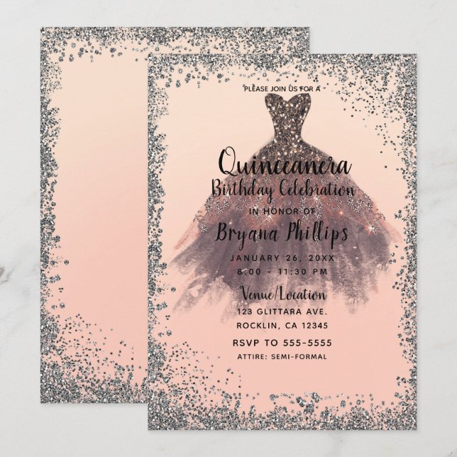 Invitación Vestido de Fiesta Purpurina Peach & Silver Quincea (Anverso / Reverso)