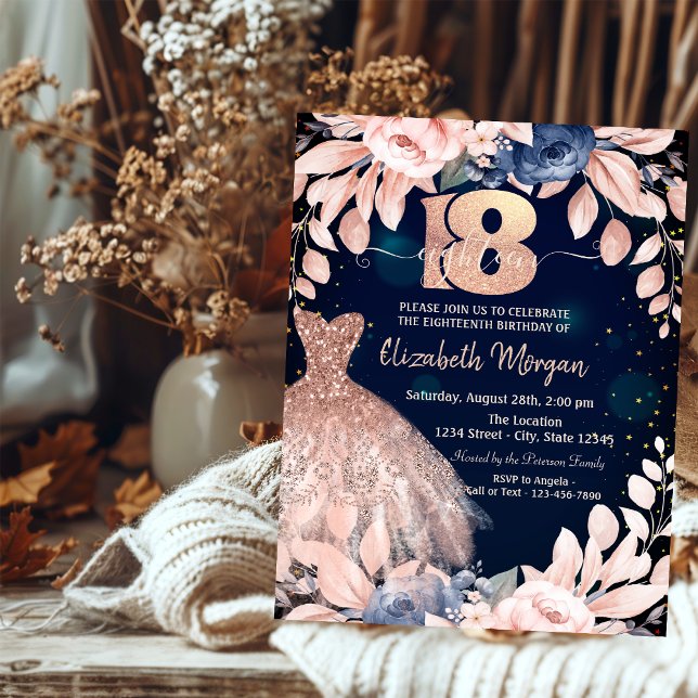 Invitación Vestido de Flores Azules con Brillo que Cae Cumple (Subido por el creador)
