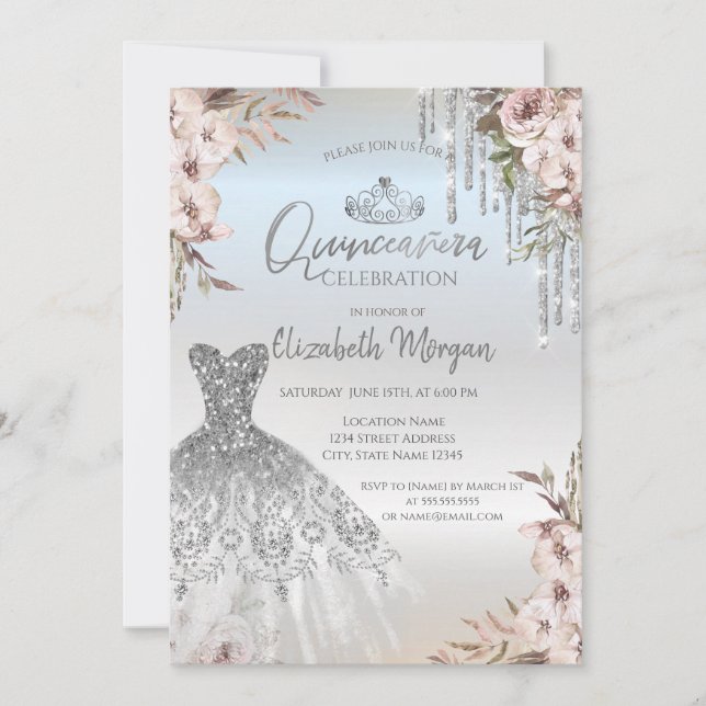 Invitación Vestido de flores Boho con gotas de plata Quinceañ (Anverso)