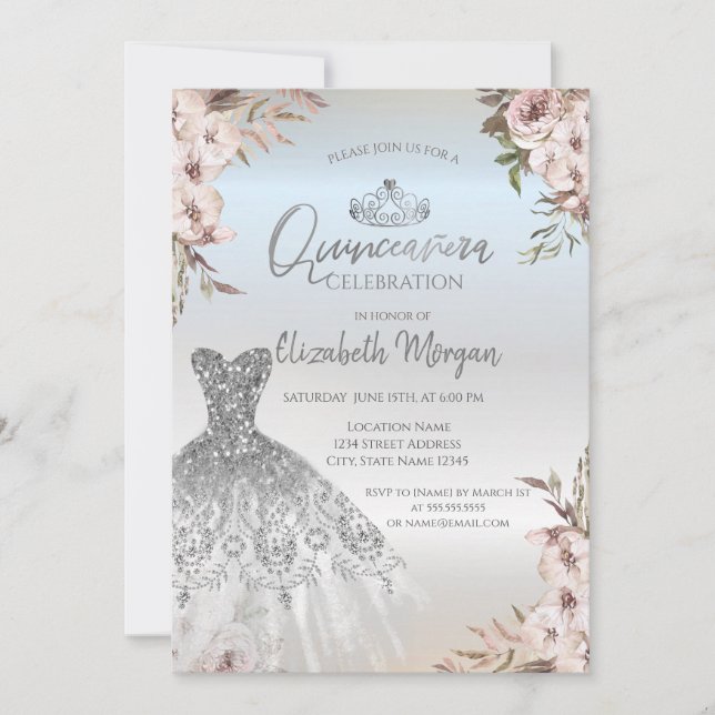 Invitación Vestido de flores Boho Quinceañera plateado (Anverso)