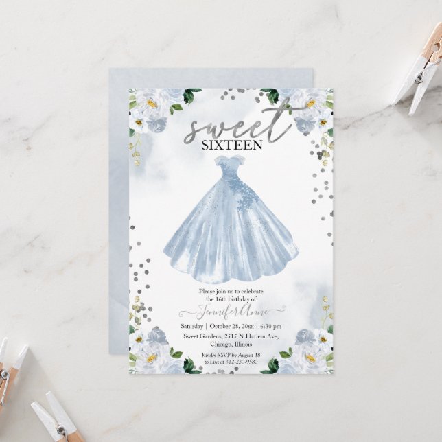 Invitación Vestido de Flores de Acuarela Azul de Dulces 16 (Anverso/Reverso In Situ)