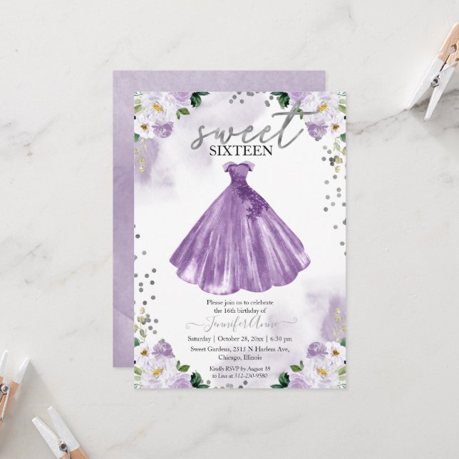 Invitación Vestido de Flores de Acuarela Morada Cumpleaños Du (Anverso/Reverso In Situ)
