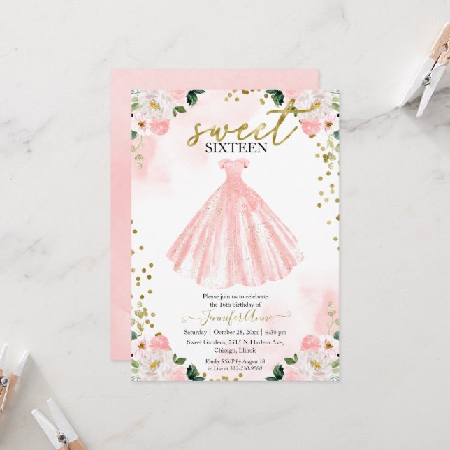 Invitación Vestido de Flores de Acuarela Rosadas de Cumpleaño (Anverso/Reverso In Situ)