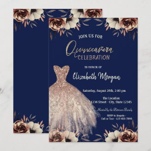 Invitación Vestido de Flores de Oro Rosa Quinceañera Azul Mar