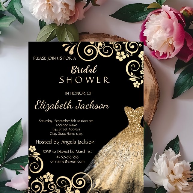Invitación Vestido de Flores Doradas con Brillo Chic Despedid (Subido por el creador)