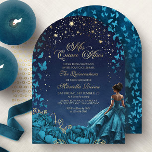 Invitación Vestido de Flores Estrellas Teal Celestiales Quinc