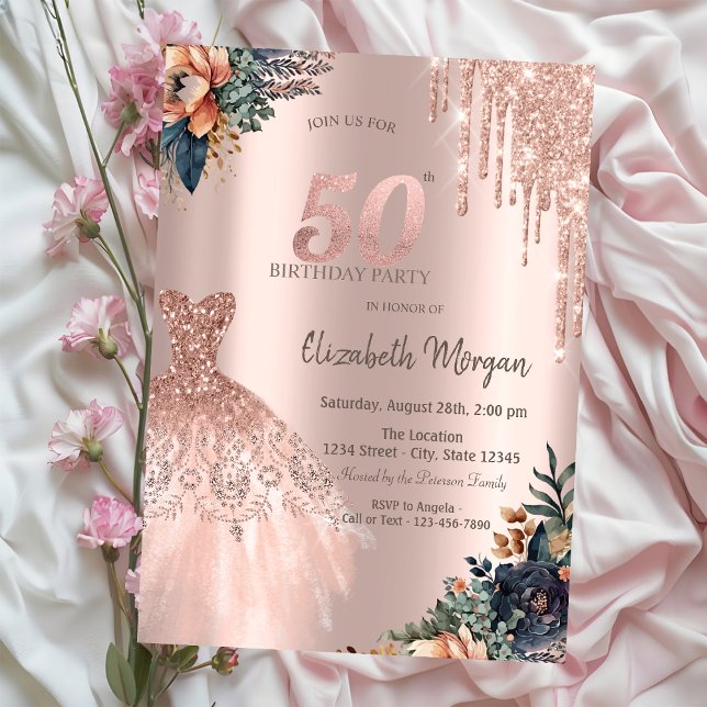 Invitación Vestido de Flores Temperamentales con Goteo de Oro (Subido por el creador)