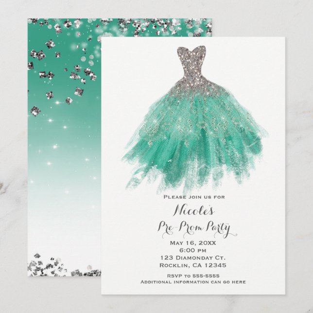 Invitación Vestido de glamour con brillo teal y plata Pre fie (Anverso / Reverso)