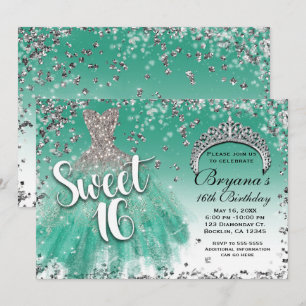 Invitación Vestido de glamour con brillo verde azulado y plat