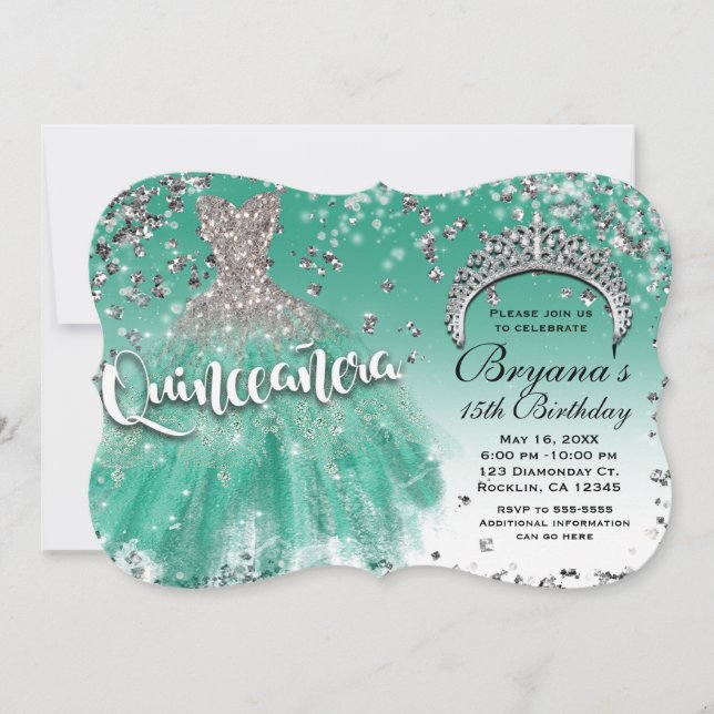 Invitación Vestido de glamour de Purpurina plateado verde azu (Anverso)